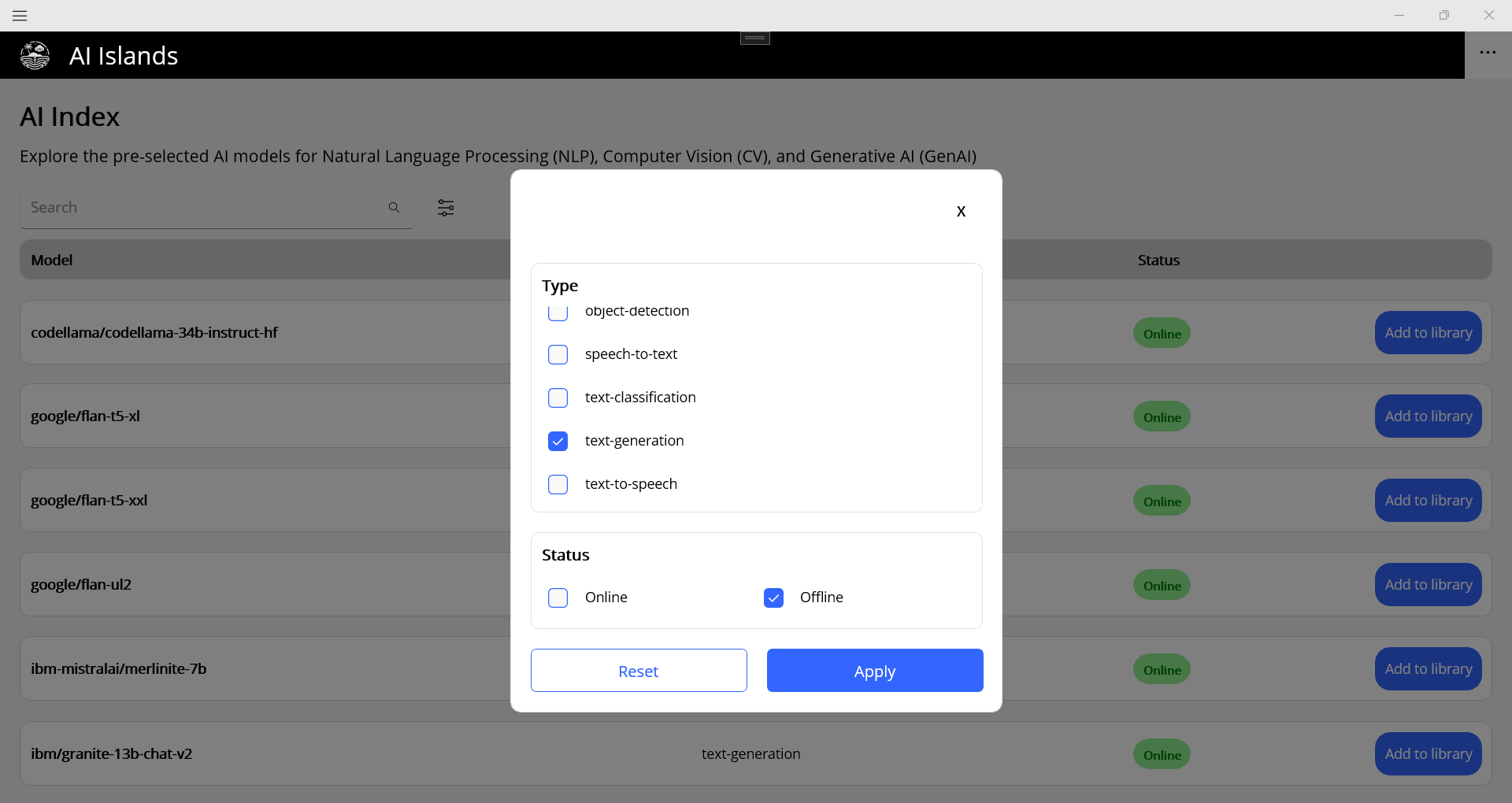 Filtering AI models in the index